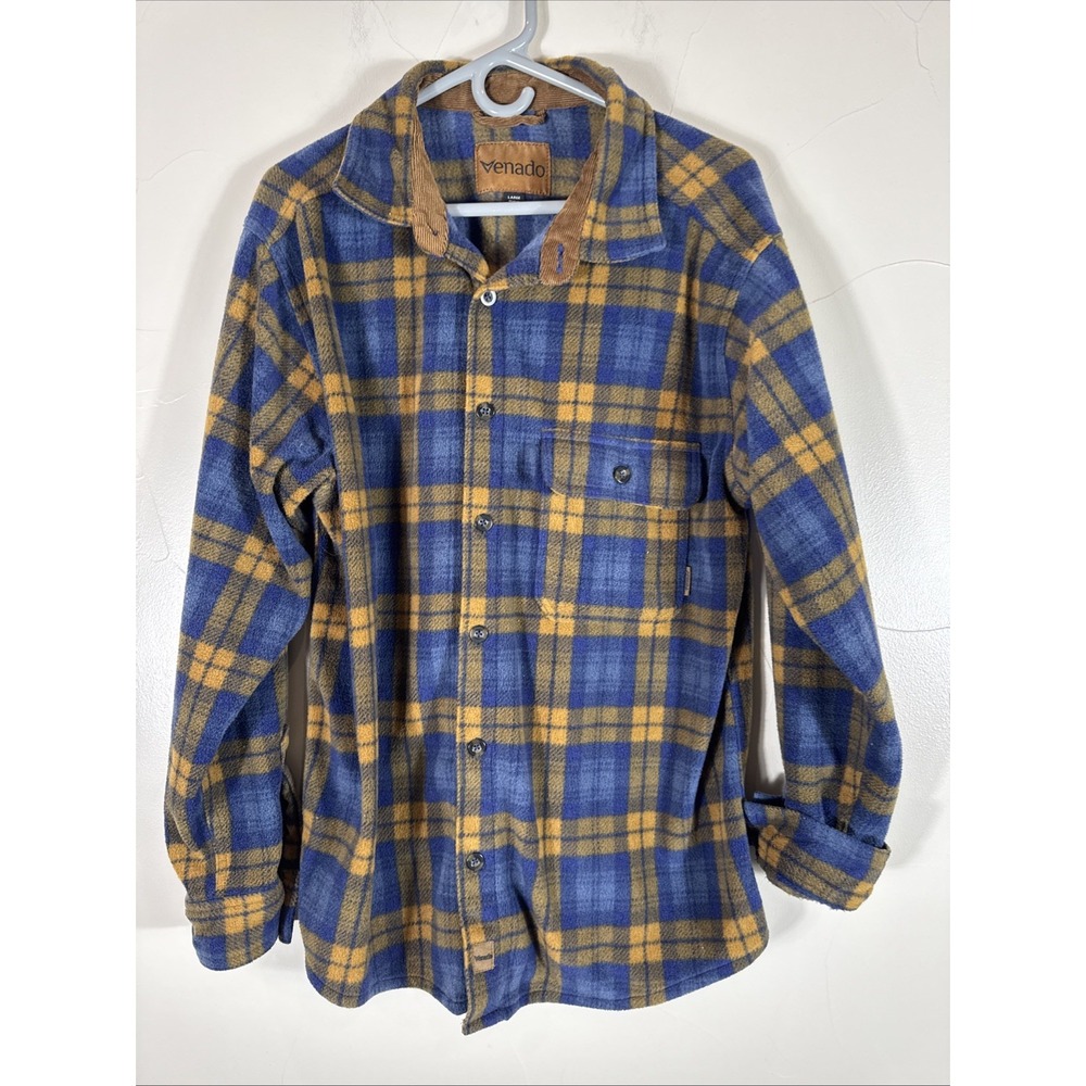 Venado Bonfire Fleece Flannel Shirt Men's L Soft Cozy Warm Plaid Blue